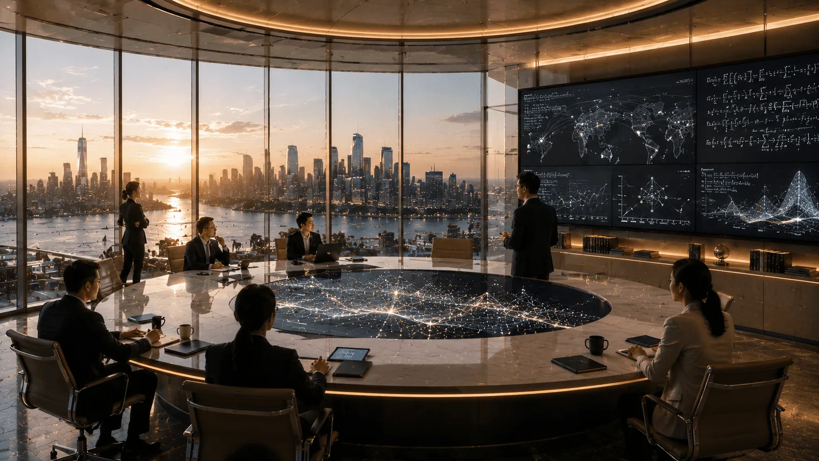 Illustration of an investment committee seated around a circular table in a boardroom with a skyline view
